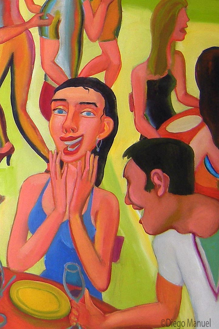 Cuadro del artista Diego Manuel. Cena con amigos 2014, acrilico sobre tela, 95 x 140 cm, 2014