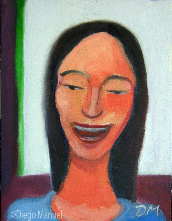 Cuadro del artista Diego Manuel. chica que re ,acrlico sobre tela, 15 x 20 cm , ao 2011