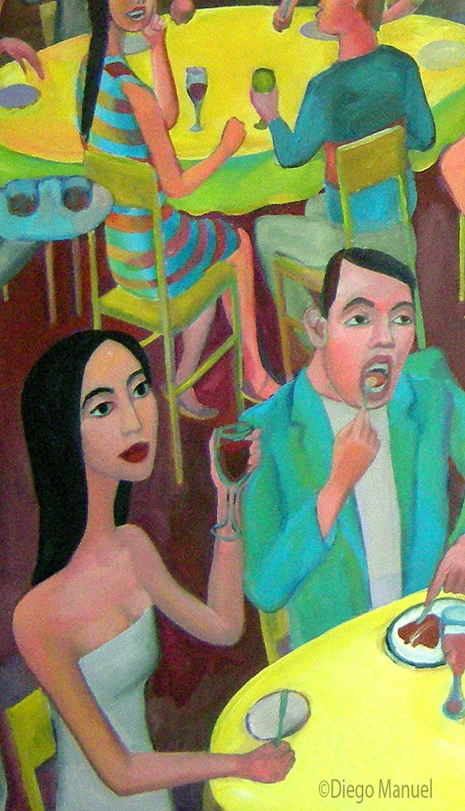 Cuadro del artista Diego Manuel. Comida con amigos (b), 140 x 95 cm, acrylic on canvas, year 2011