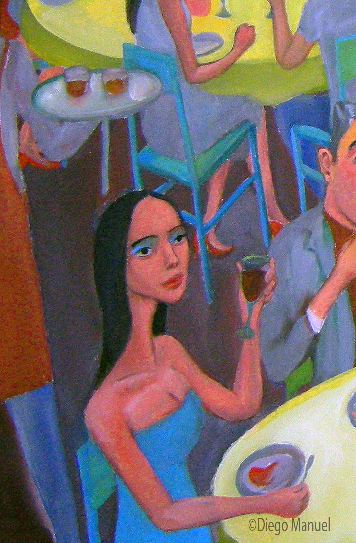 Cuadro del artista Diego Manuel. Comida con amigos, 65 x 100 cm, acrylic on canvas, year 2010 