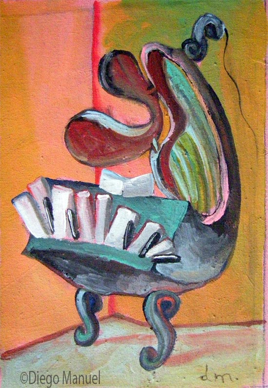 artist piano, acrylic on canvas, 15.5 x 23 cm. 2003., pintura de la Serie Piano del artista Diego Manuel