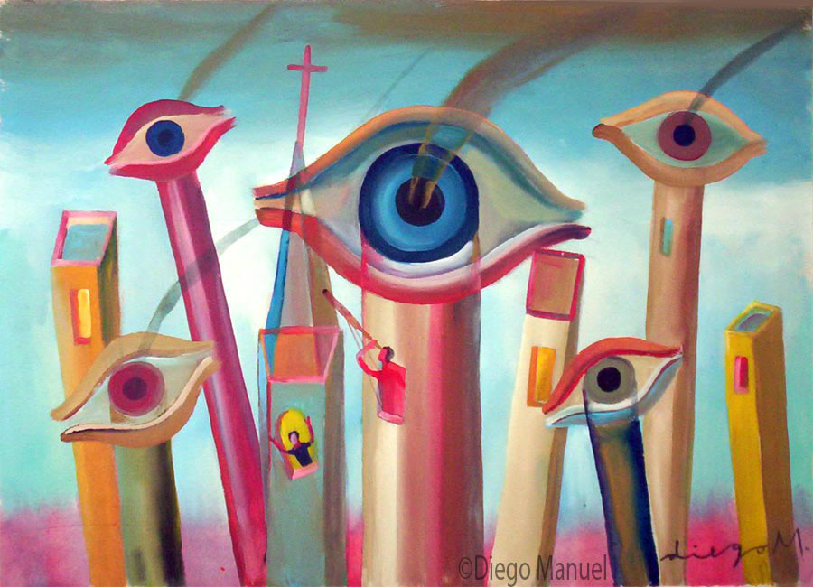 ojos y chimeneas,acrylic on canvas,32 x 25cm., year 2005
